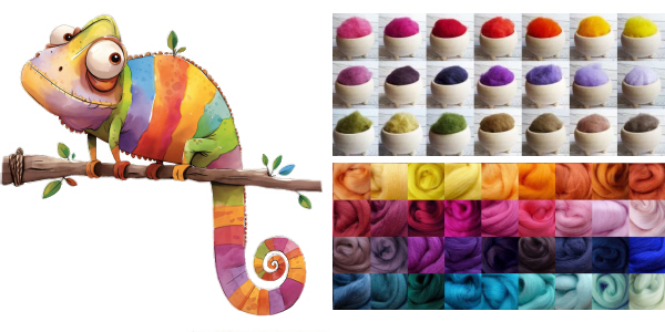 Buntes Chamäleon sieht sich nach Wollfarbe-Tafeln um