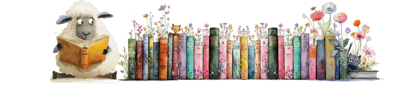 Schaf sitzt vor einer Reihe Büchern und liest